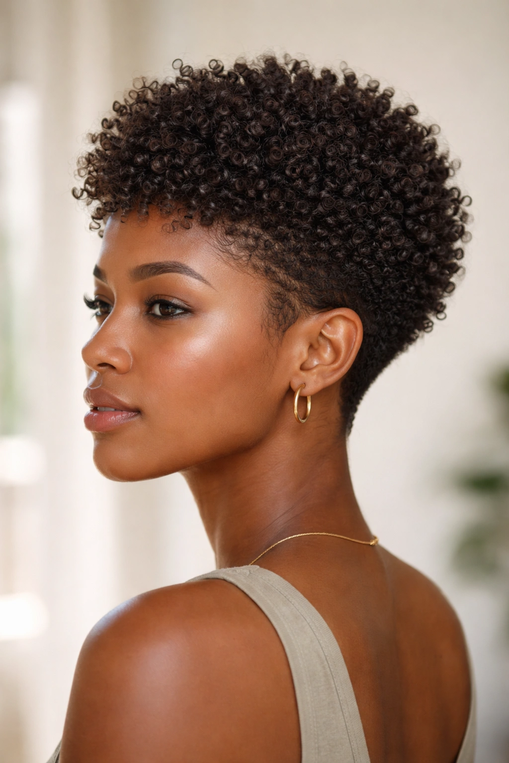 20 Short Curly Haircuts To Try Today 5 Close-up of The Coily Crown short crop highlighting tight coils and volume.