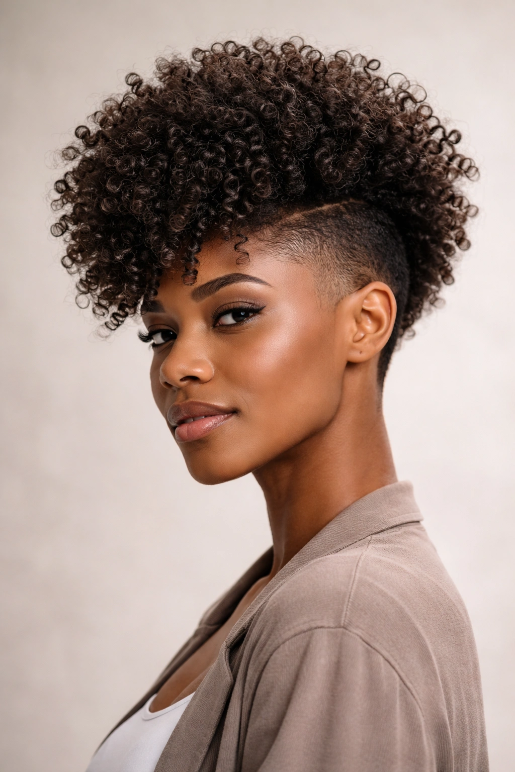 Three-quarter view of coily crown with undercut and voluminous top