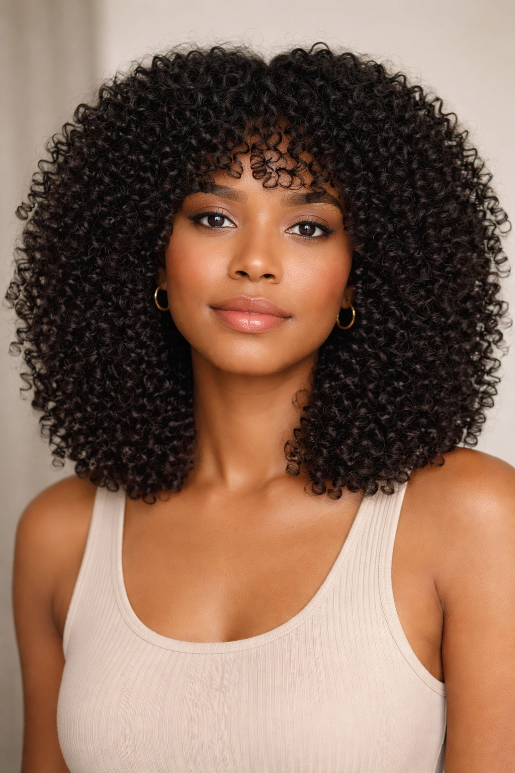 Uniform-length coily hair with well-defined curls and minimal layering
