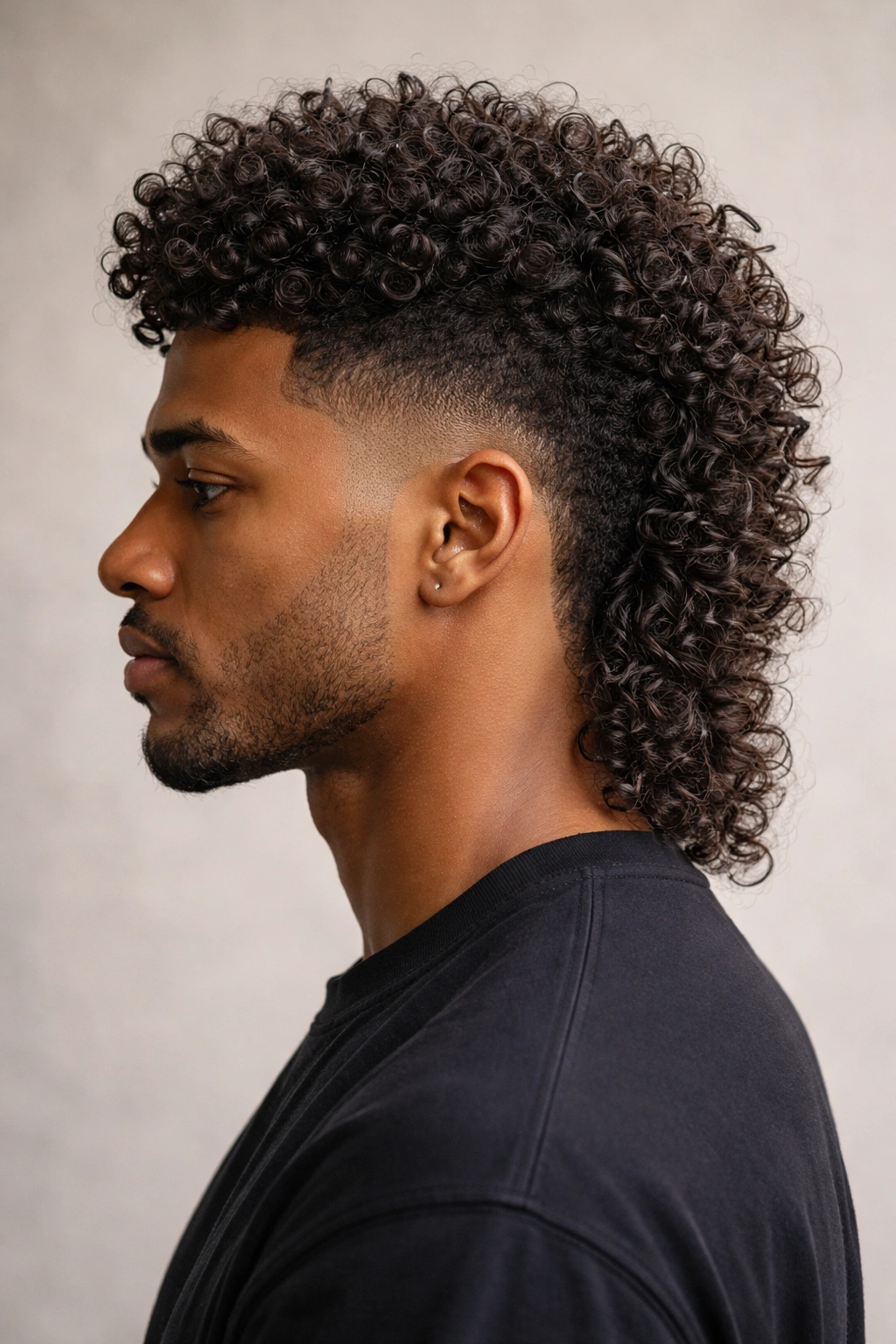 12 Curly Mullet Cuts With Serious Texture And Body 3 Side profile of a coily fade mullet with sharp side fade and voluminous curls on top.