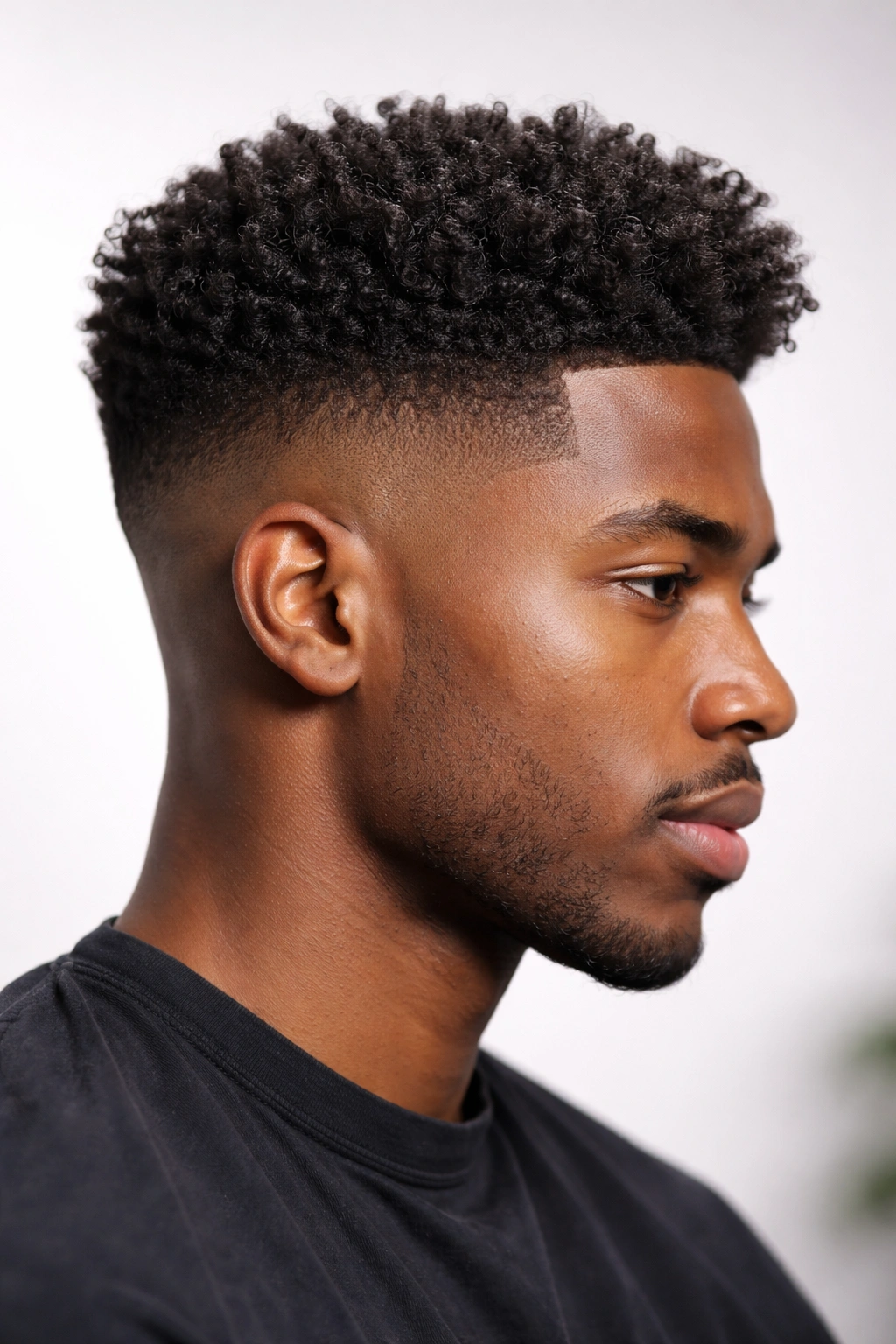 Coily hair with fade on sides and textured top showing contrast