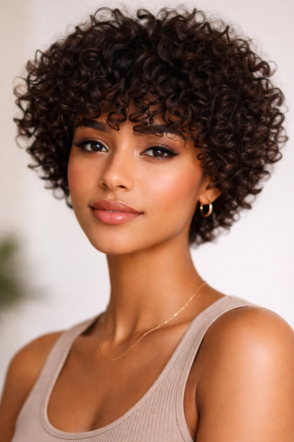 Close-up of coily fringe around the eyes with textured curls.