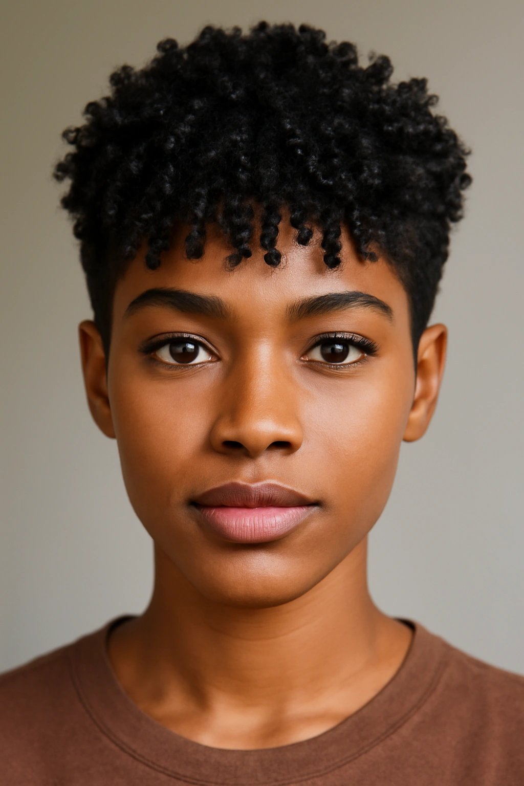 30 Short Haircuts for Black Women 20 Front view of a coily fringe pixie hairstyle with bold fringe