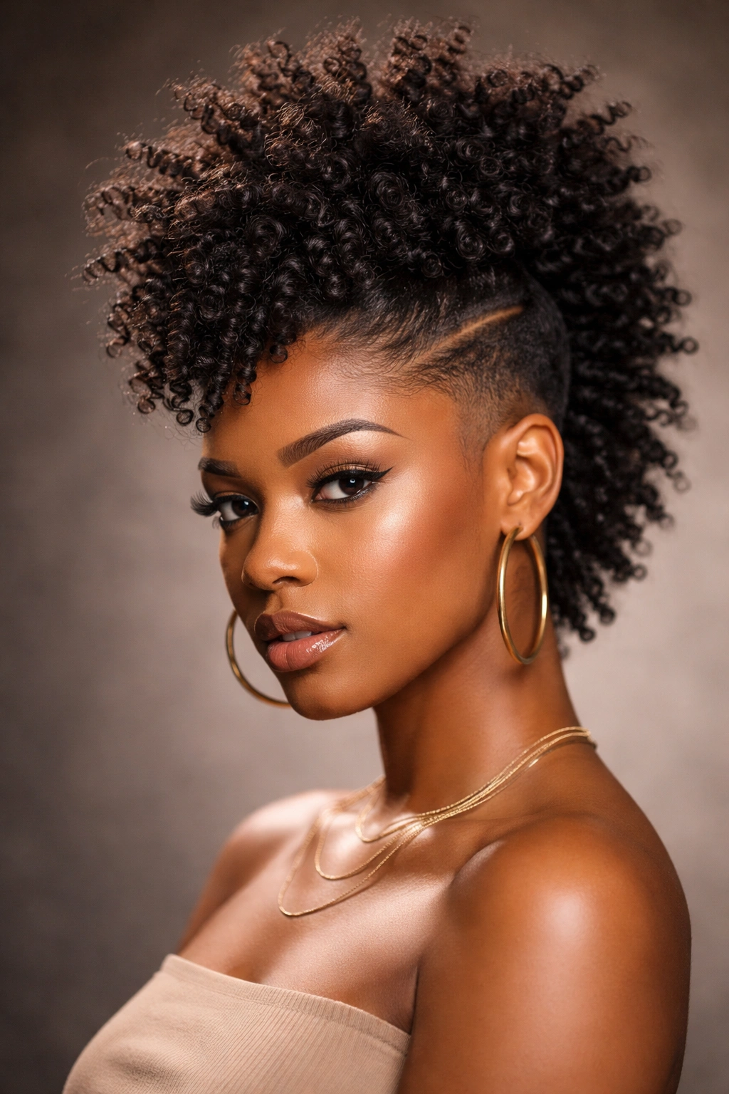 Coily Frohawk hairstyle with tall top coils and defined sides.