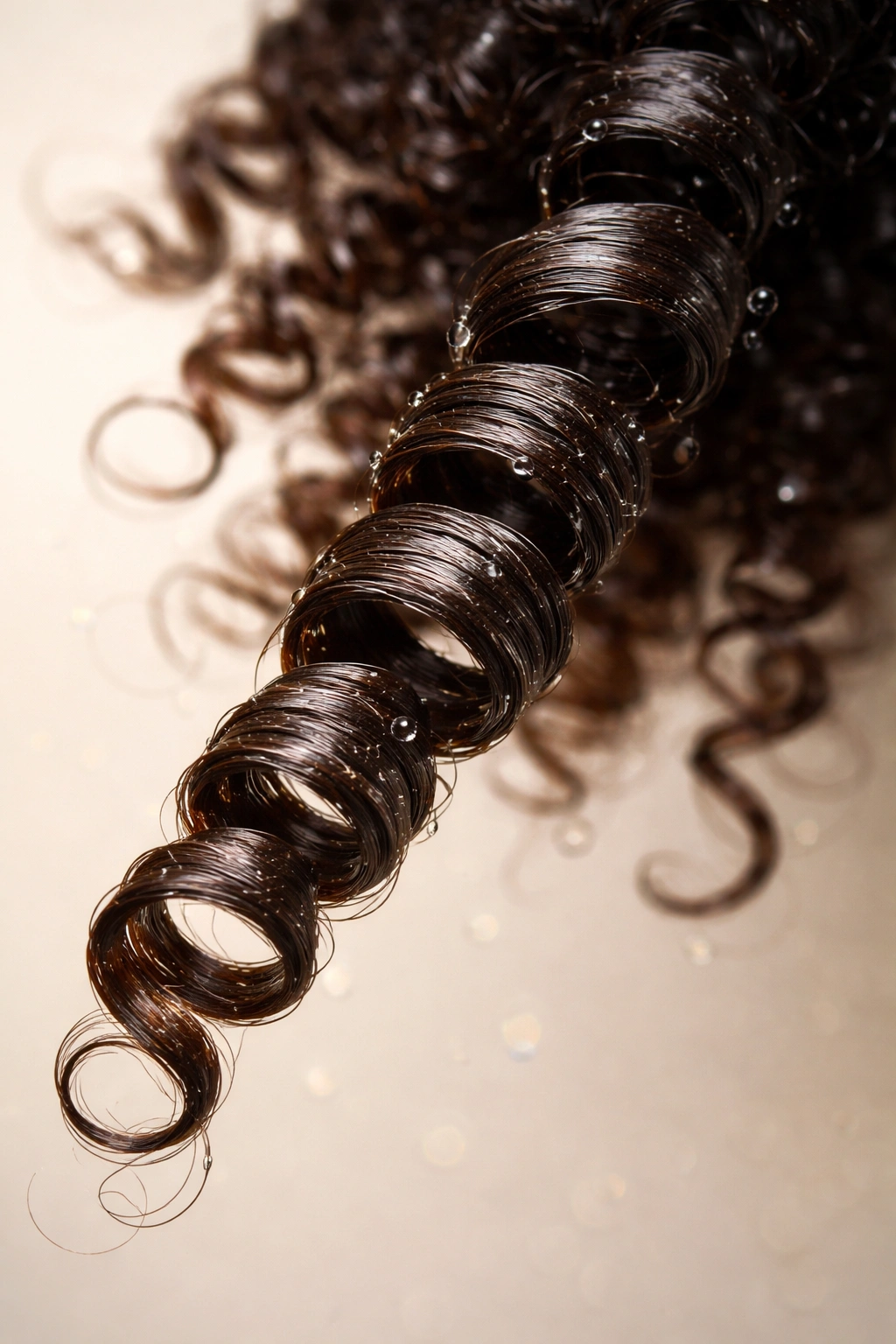 Hydrated coily hair curl with moisture on a neutral background.