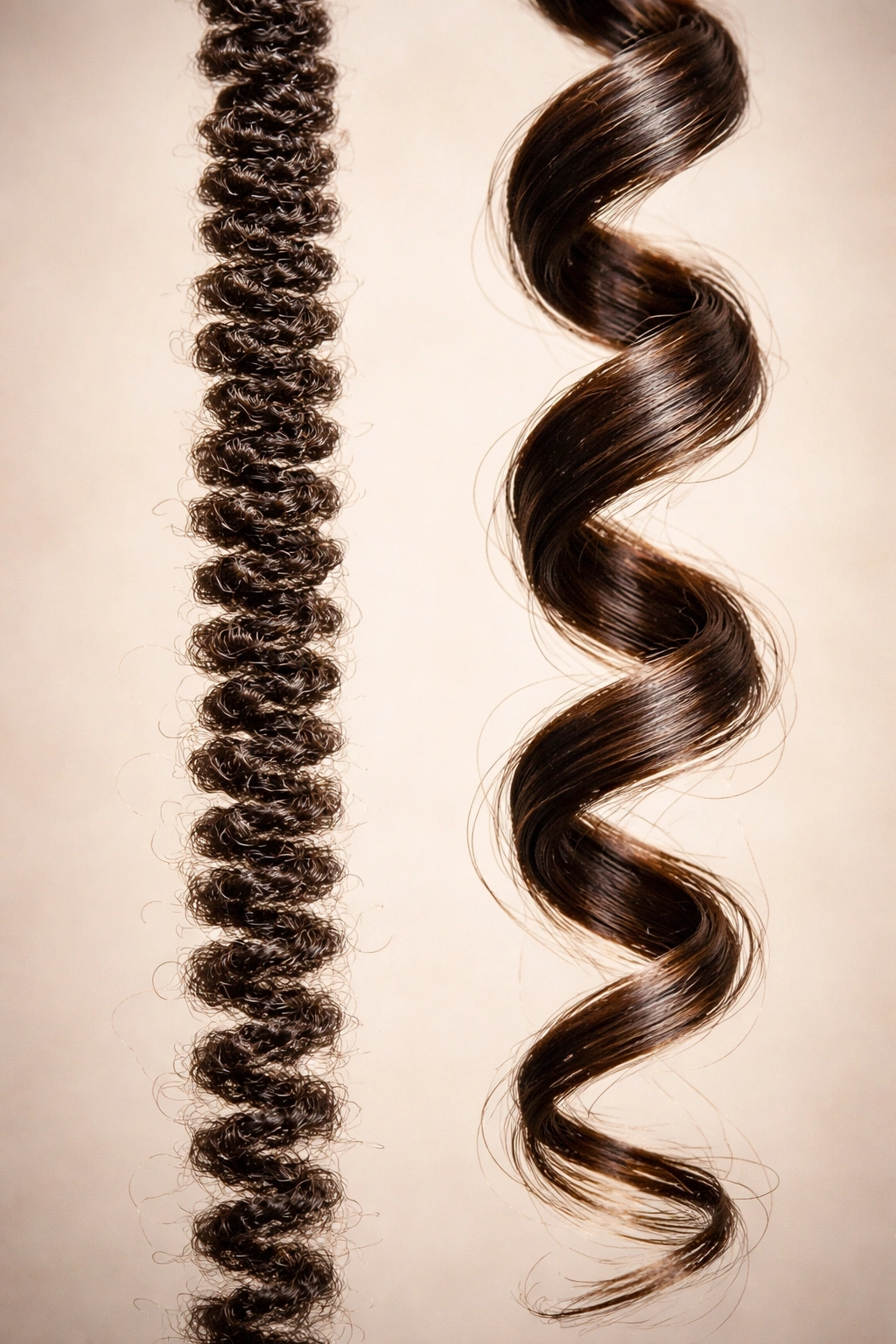 Close-up comparison of coily hair and curly hair patterns.