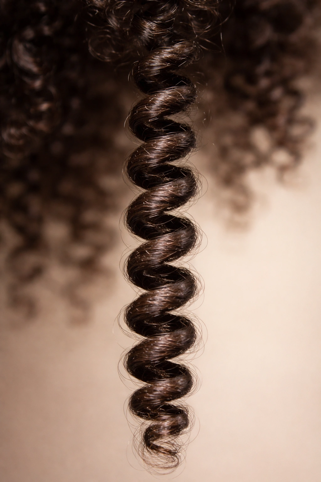 Close-up of a single tight coily curl in natural dark hair color.
