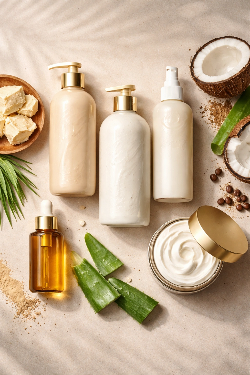 Flat lay of unlabeled coily hair care bottles emphasizing moisture and protection