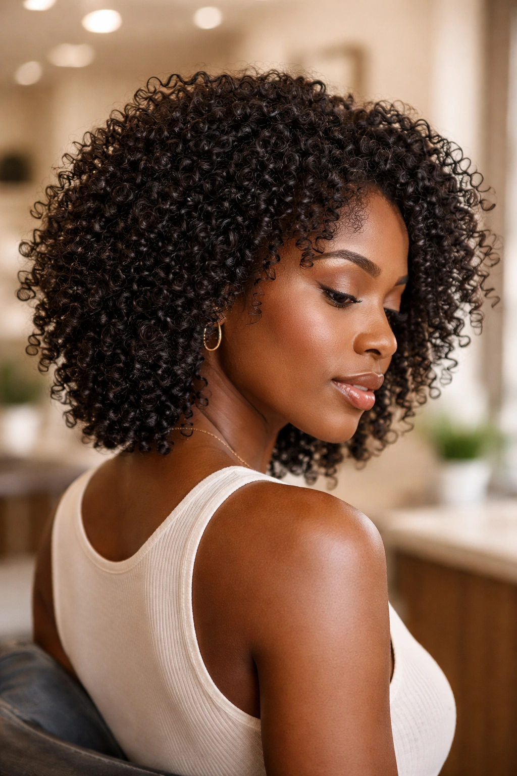 Close-up portrait of a person with defined coily curls, reflecting on a haircut's shape and styling