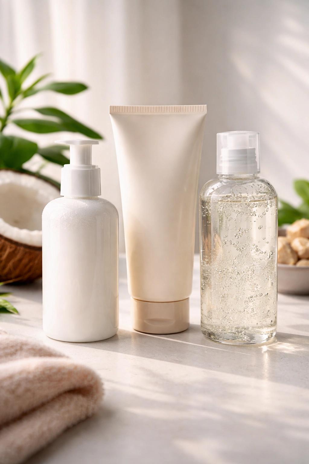 Three unlabeled styling product bottles on white background for short coily hair