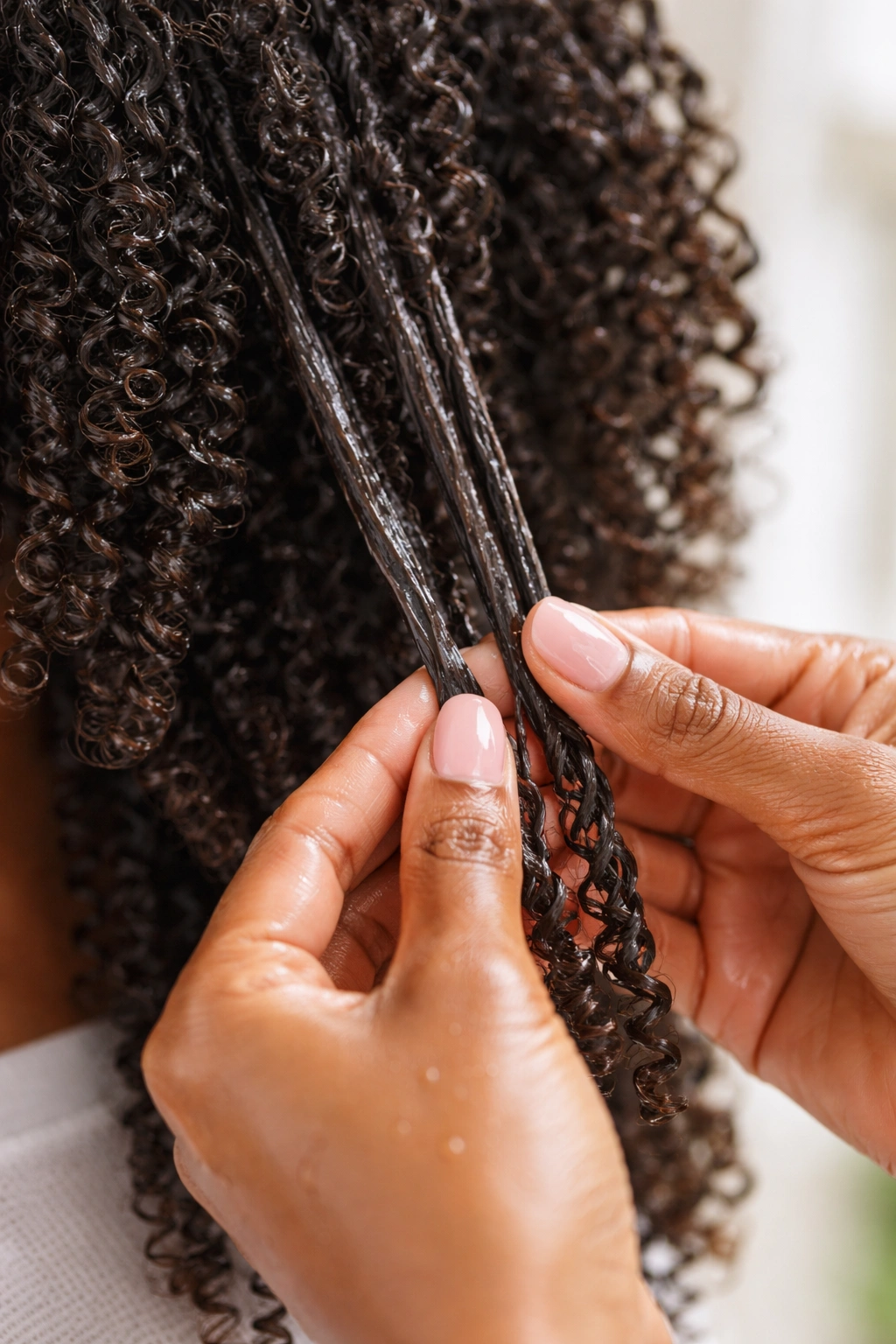 Close-up of damp coily hair being defined with gel using shingling technique