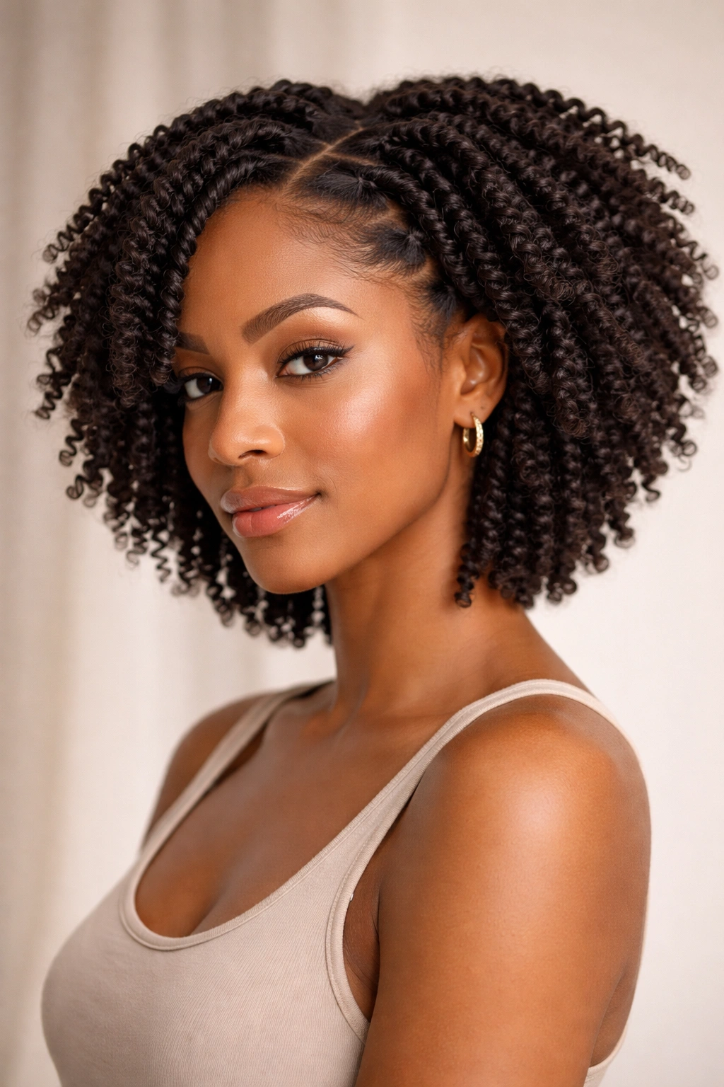 Close-up of coily hair in twists showing defined shape after twist-out.