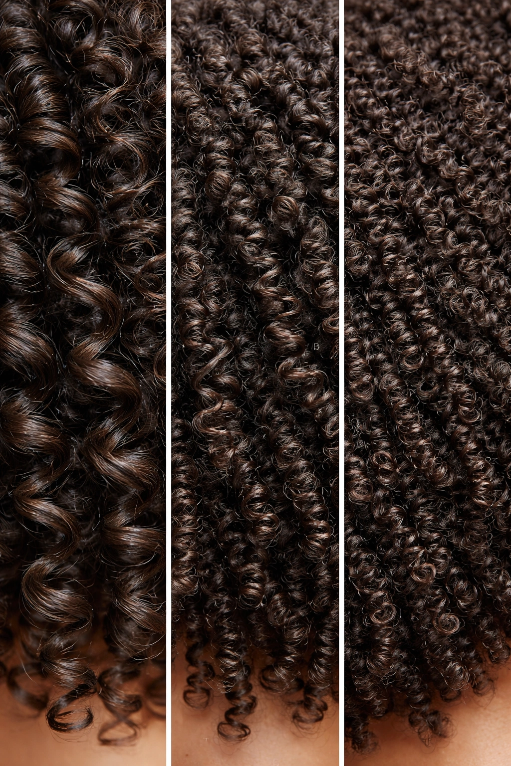 Close-up trio showing 4A, 4B, 4C coily hair patterns.