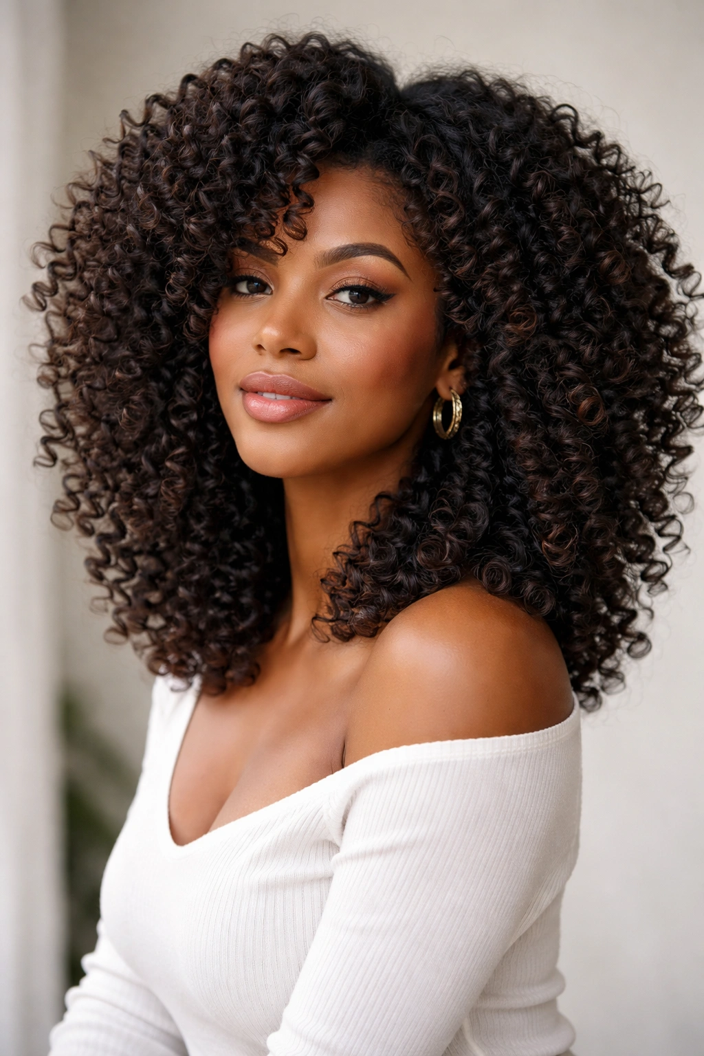 Model with shoulder-length high-volume coily hair featuring large coils and feathered layers