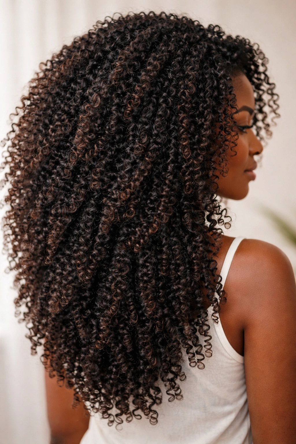 Close-up of defined coily curls with a heavily textured cut