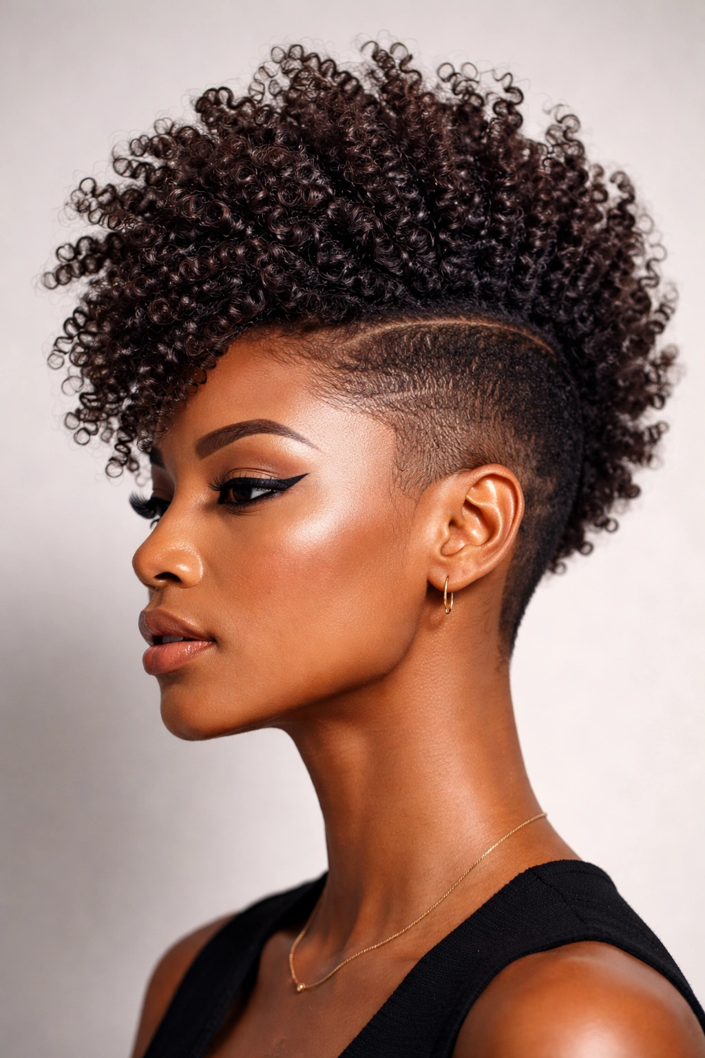 Bold coily mohawk with tall top and shaved sides