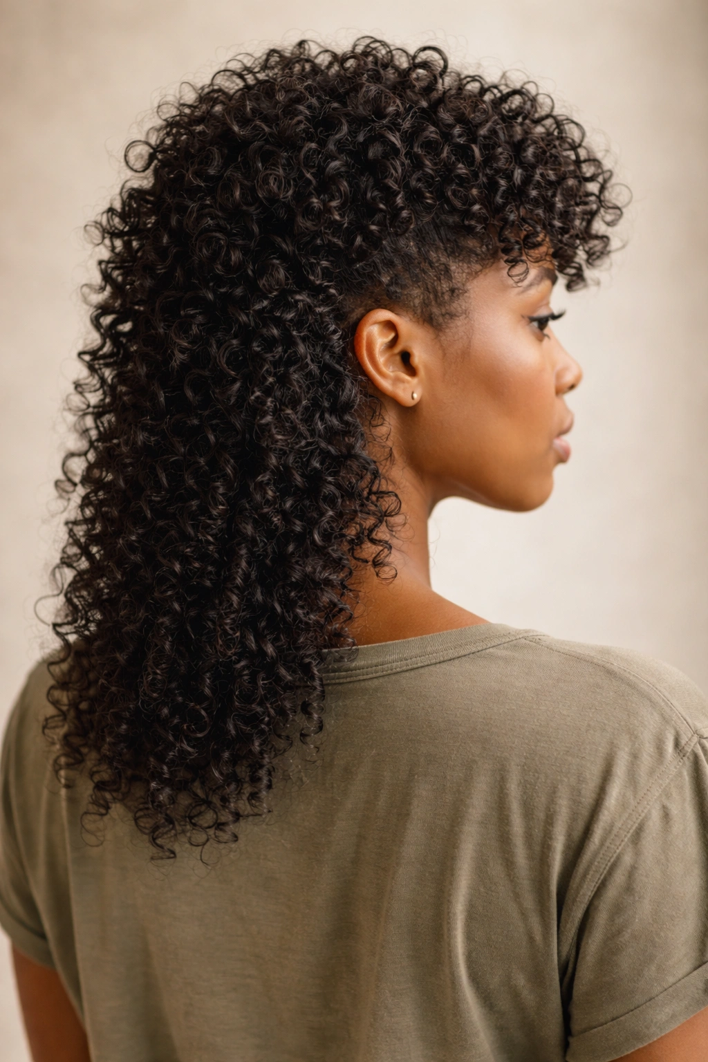 Three-quarter back view of a person with a coily mullet showing short textured top and longer back