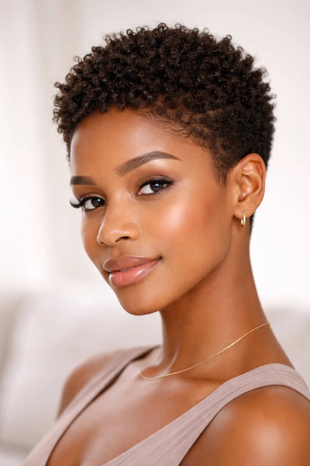 Close-up of a coily hair model with a short pixie cut showing built-in texture and lift.