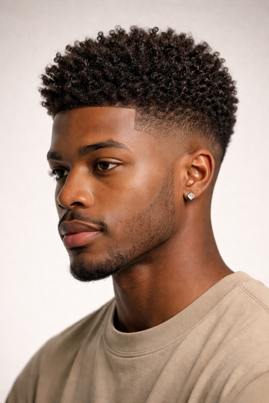 Close-up portrait highlighting The Coily Taper Fade with gradient sides and defined top coils.