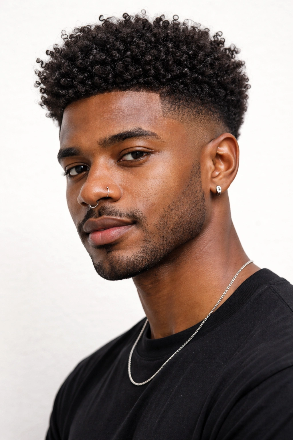 Portrait of a person with a tapered cut and natural coily hair texture