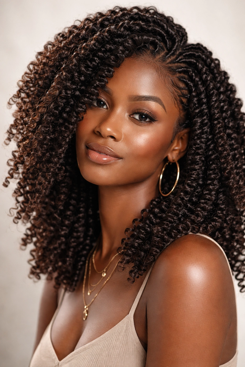 Close-up of coily textured crochet braids with defined coils