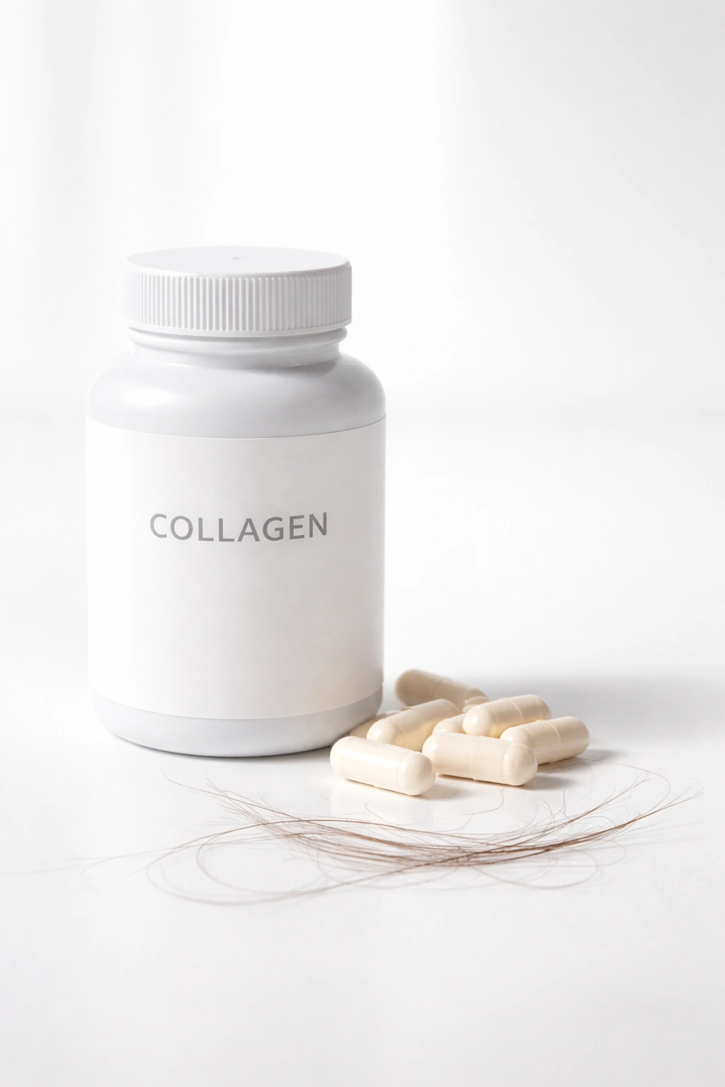Collagen bottle beside stray hairs on white surface
