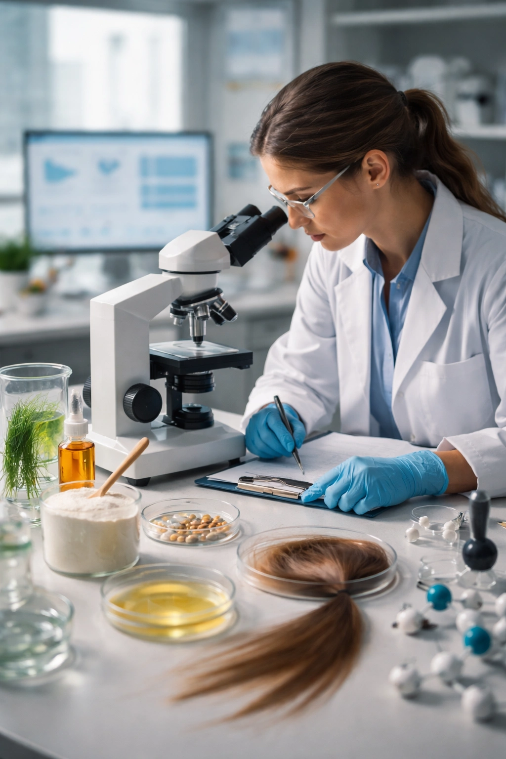 Researcher in a lab evaluating collagen studies