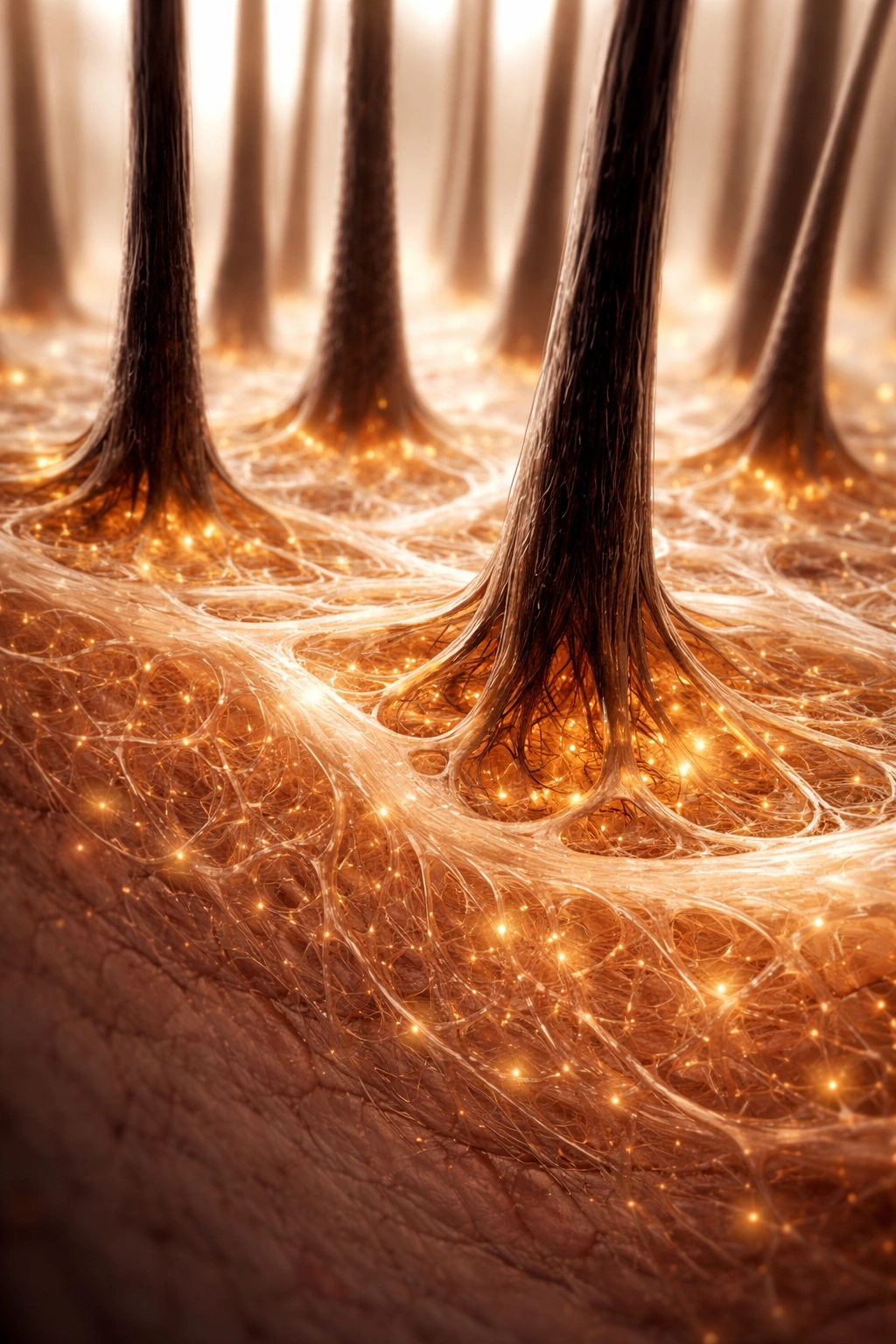 Scalp dermis with collagen network around hair follicles