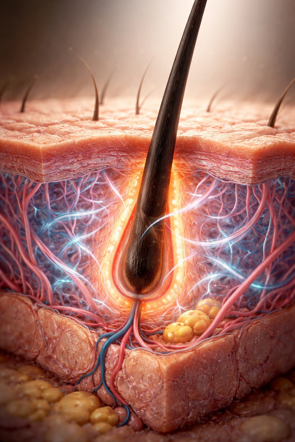 Cross-section of skin showing collagen fibers around a hair follicle