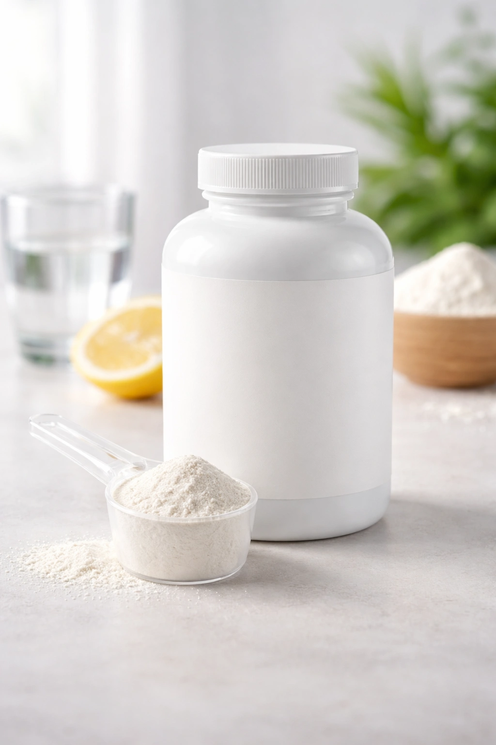 Close-up of collagen supplement bottle and powder scoop on clean surface
