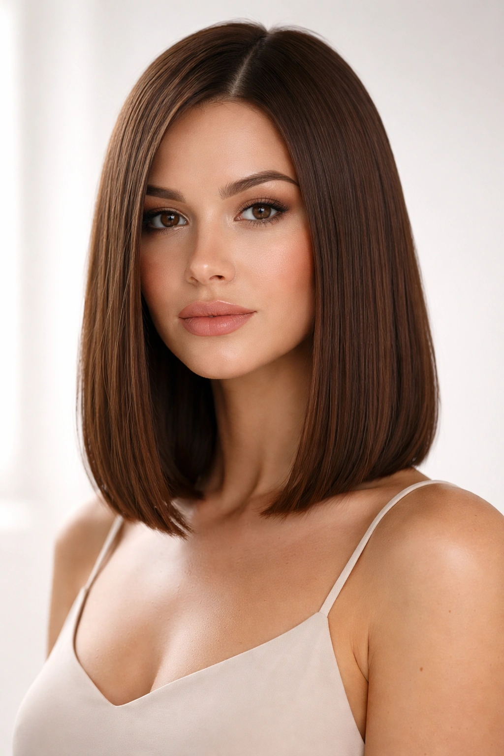 Blunt collarbone-length straight hair with a crisp line