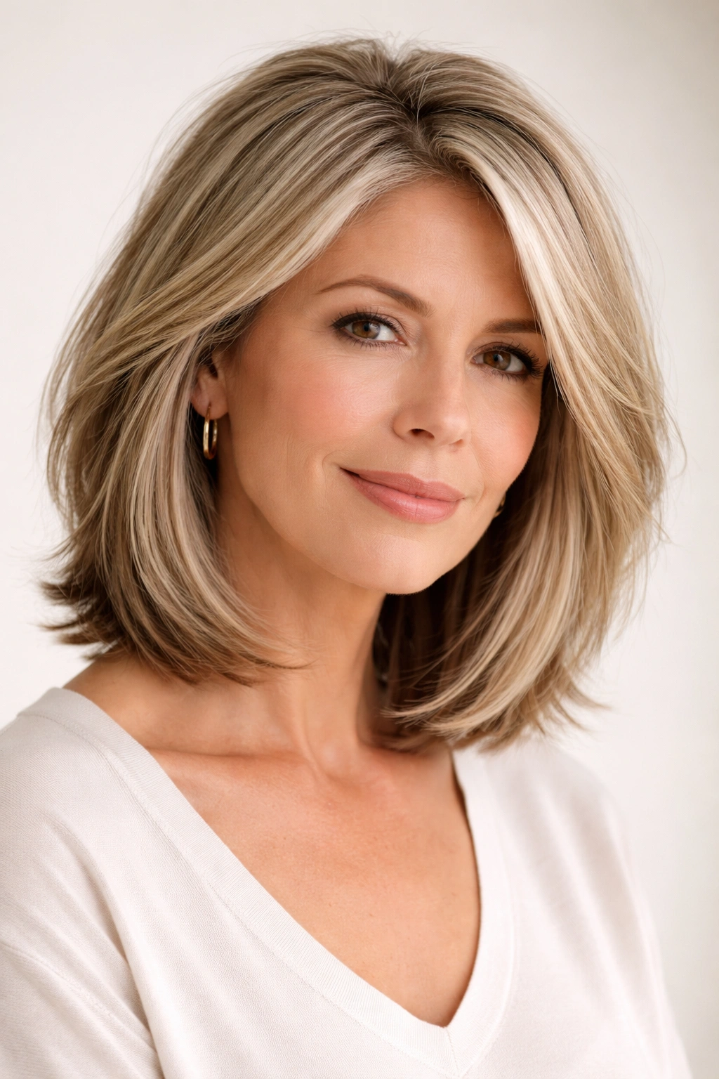 Close-up of a collarbone-length bob with layered ends in a natural gray-blonde hue.