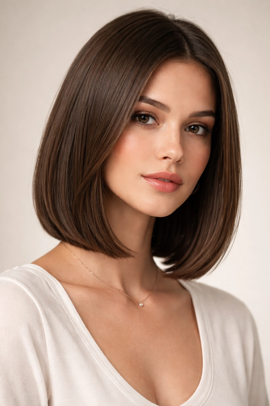 Close-up of sleek collarbone-length bob with subtle interior layers in studio lighting