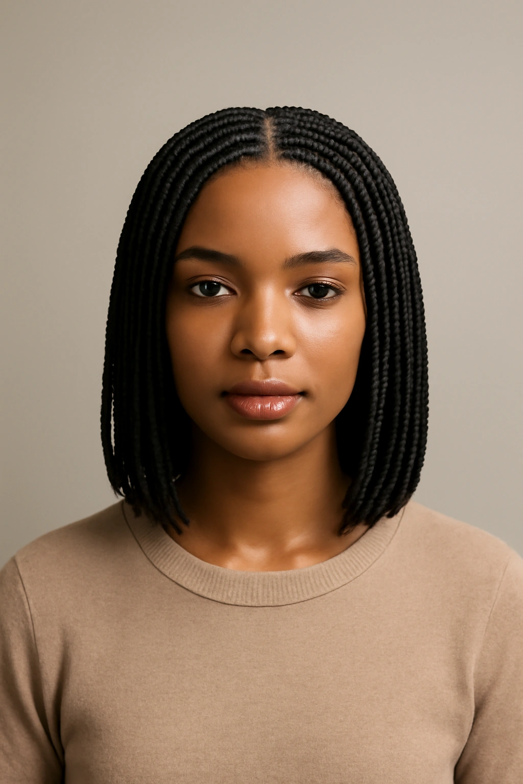 Collarbone-length braids in a uniform size with clean edges and no beads.