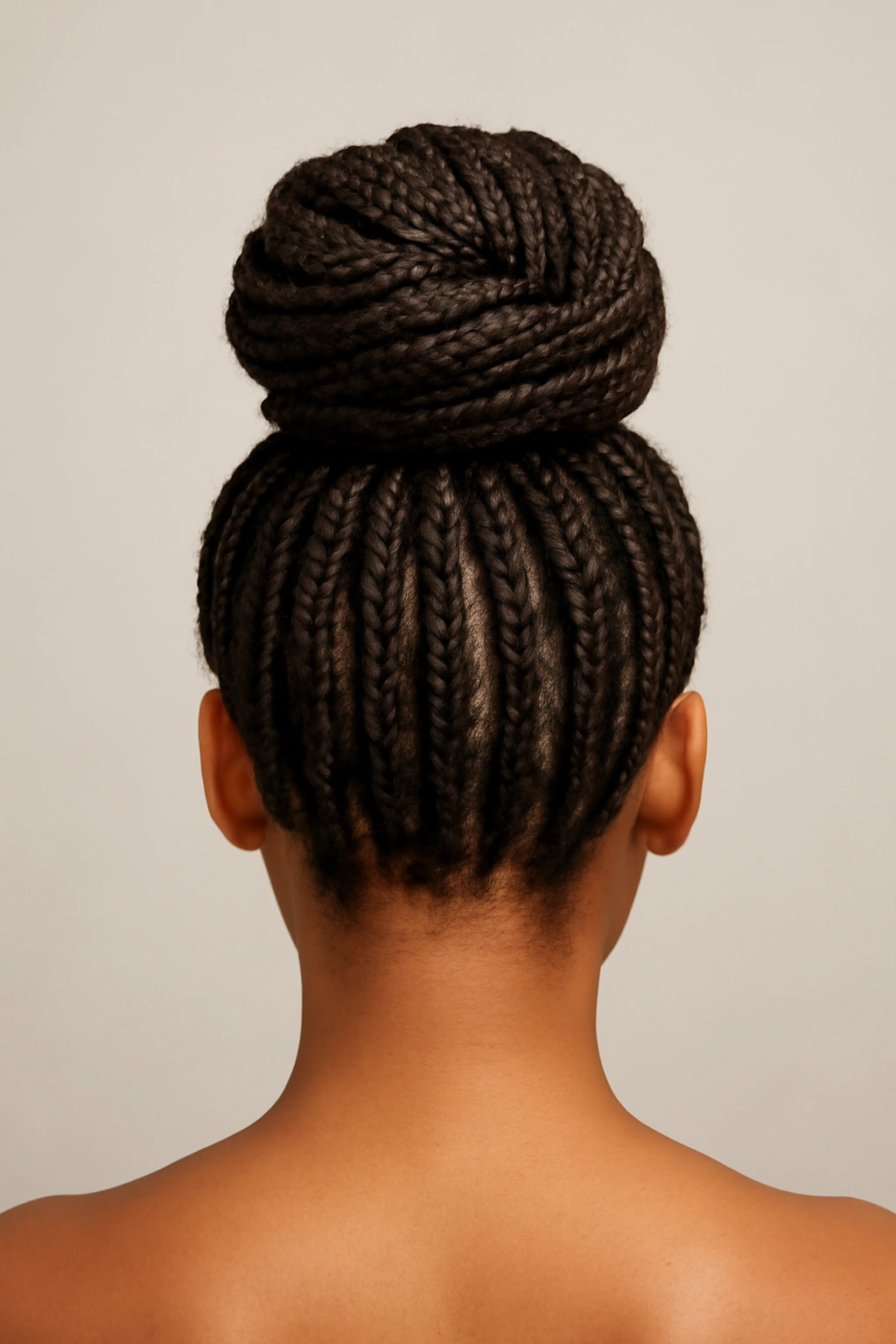 Collarbone-length braids styled into a layered high bun.