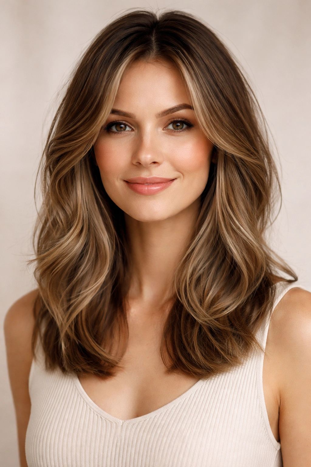 Collarbone-length hair with face-framing layers framing the face