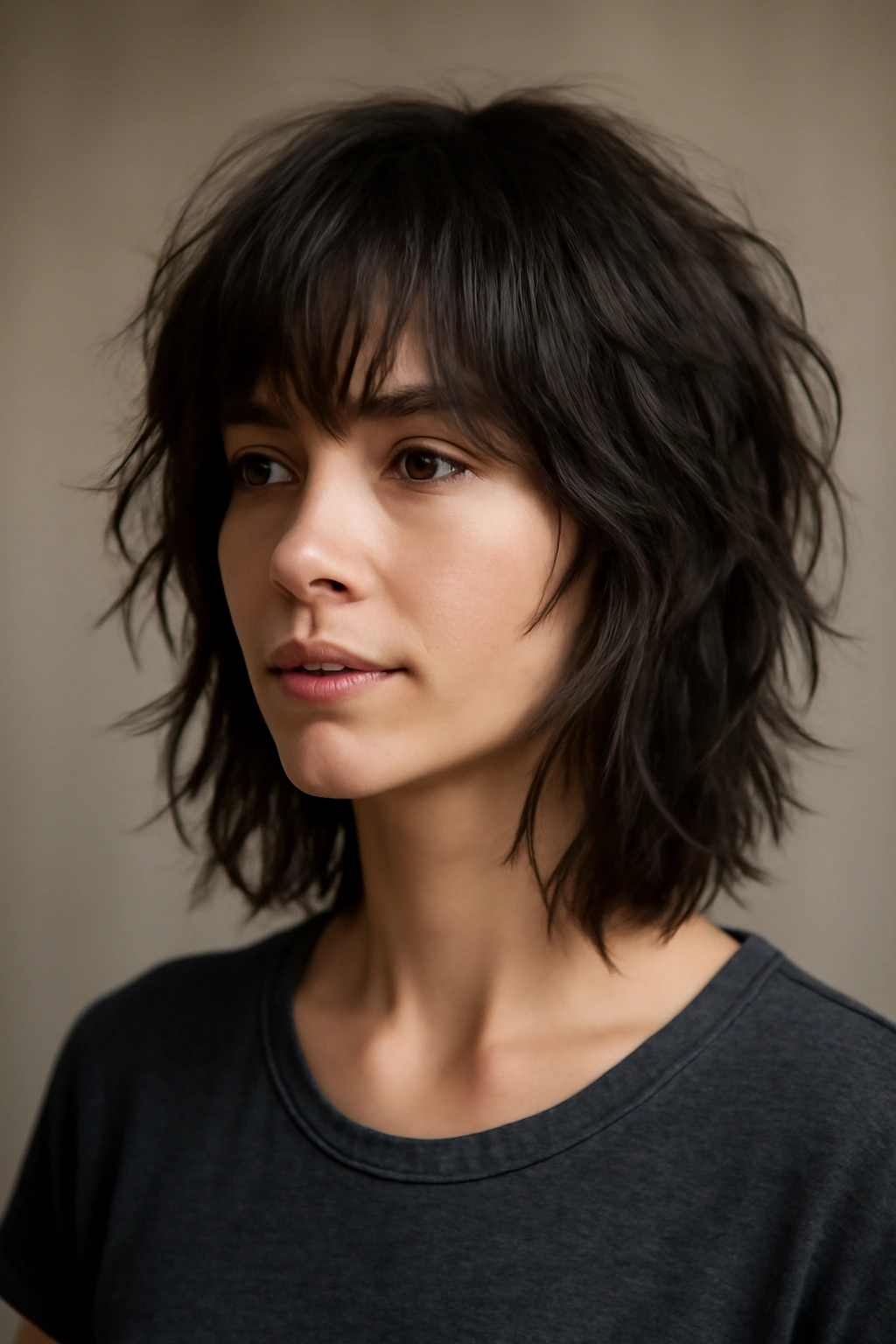 10 Messy Medium Shags You Can Air Dry Easily 3 Side profile of someone with collarbone-length tousled shag and textured ends