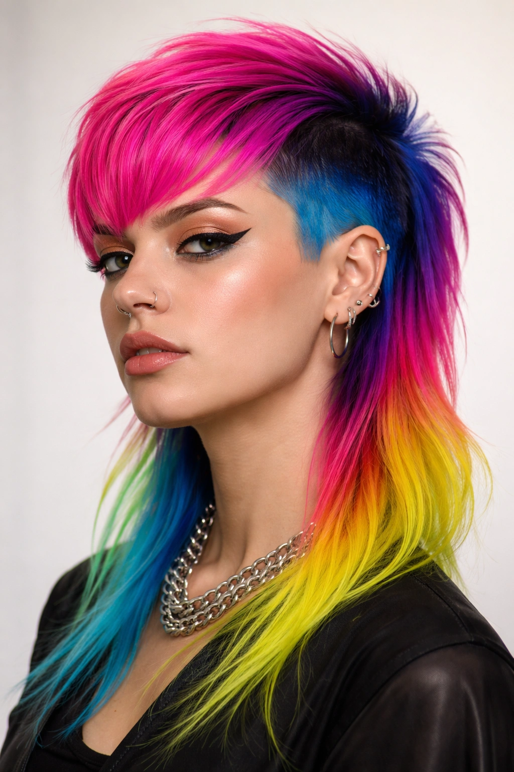 Portrait of color block mullet undercut with bold color separation on sides and top