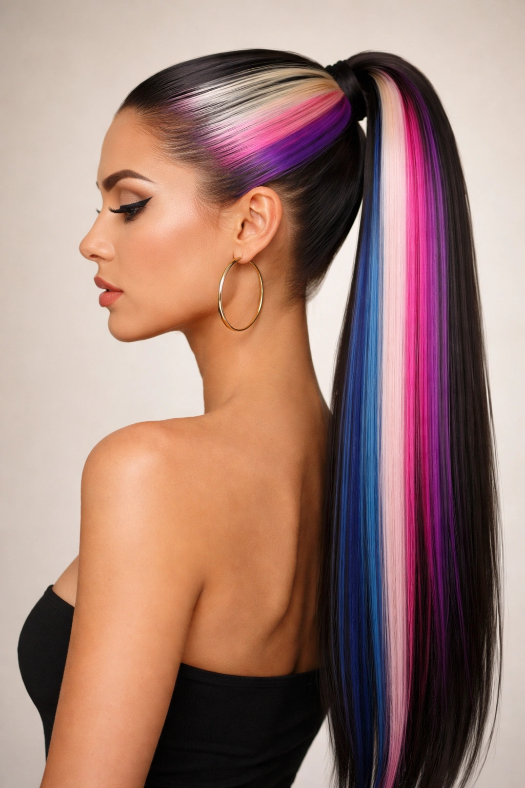 25 Slick Back Ponytail Styles for a Chic, Polished Look 21 Slicked-back ponytail with bold color-block sections along the length.