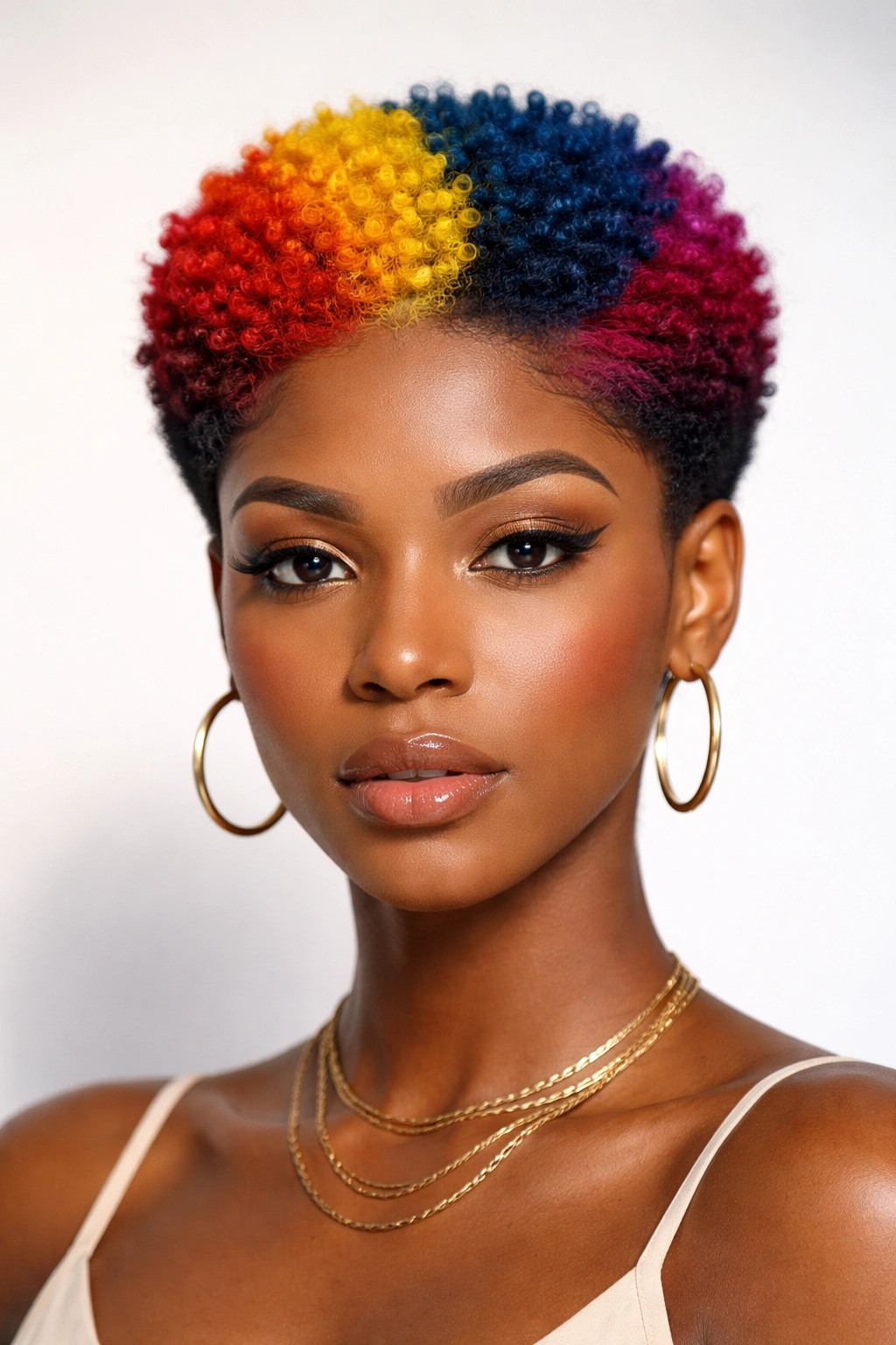 Short afro with bold color blocks highlighting the haircut