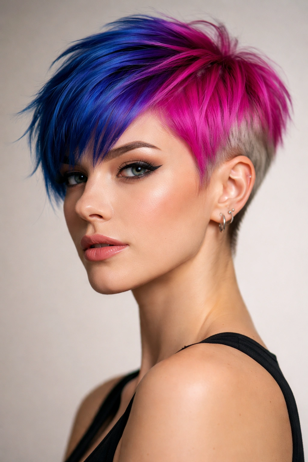10 Edgy Pixie Haircuts For The Confident Woman 7 Close-up portrait of a person with color-blocked pixie hair in bold blue and pink sections, studio lighting