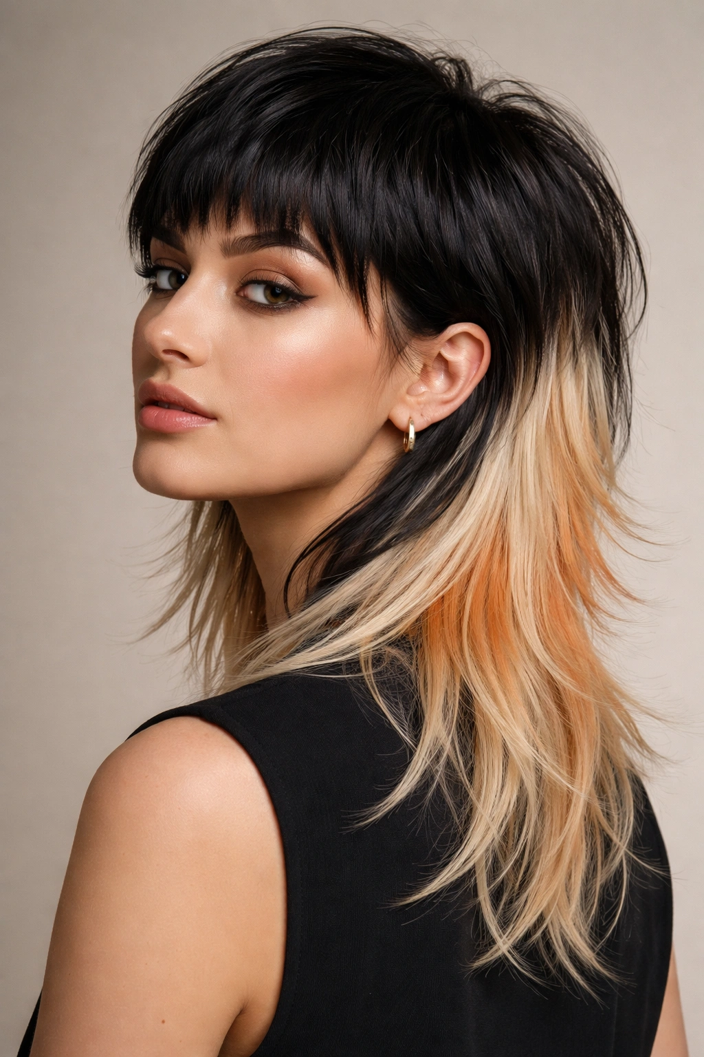 Close-up portrait of a mullet showing color-blocked hair with dark roots and light back sections.