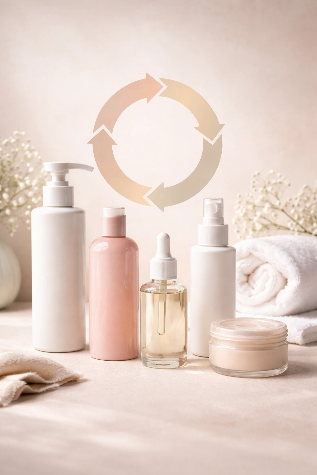 Minimalist shot of unlabeled hair care bottles and abstract cycle icons for color care.