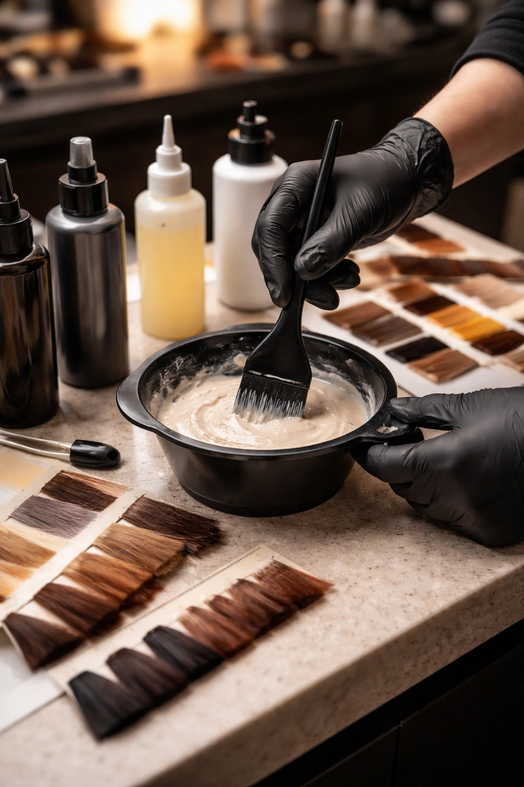Close-up of a colorist's gloved hands mixing dye while surrounded by color swatches and unlabelled bottles