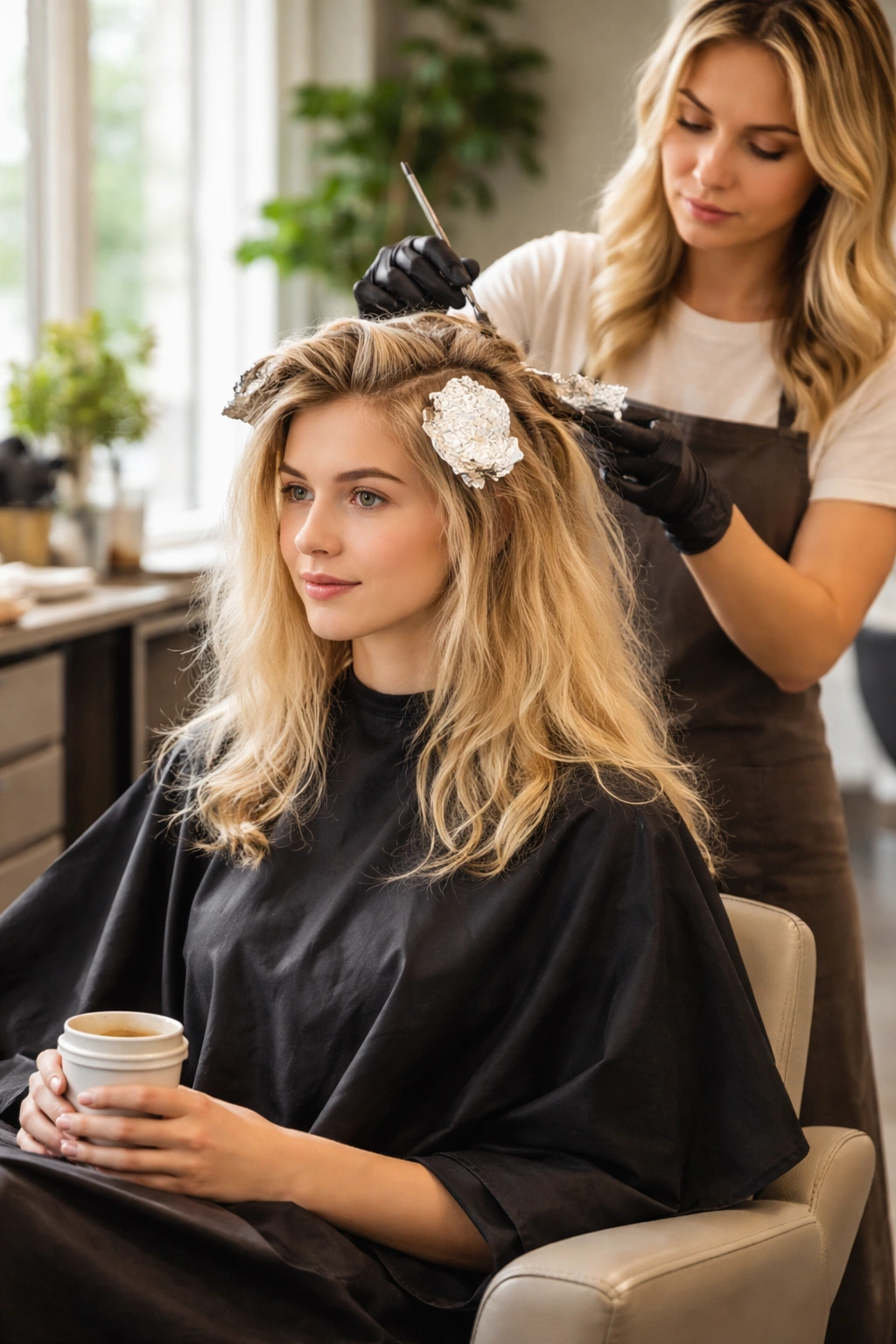 Client in salon during long color correction session
