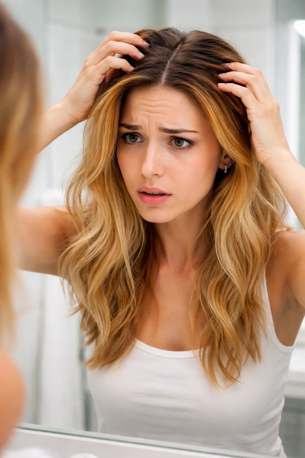 Concerned person inspecting brassy or uneven hair color in the mirror