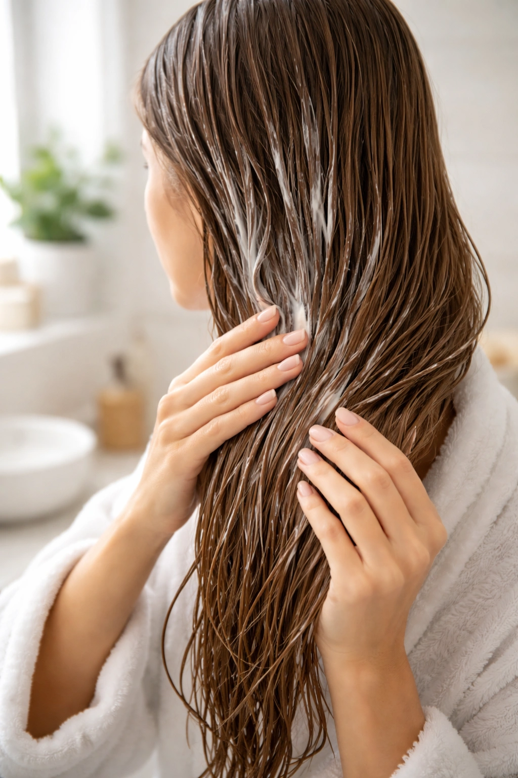 Person applying a moisturizing hair mask in prep for color correction, healthy hair.