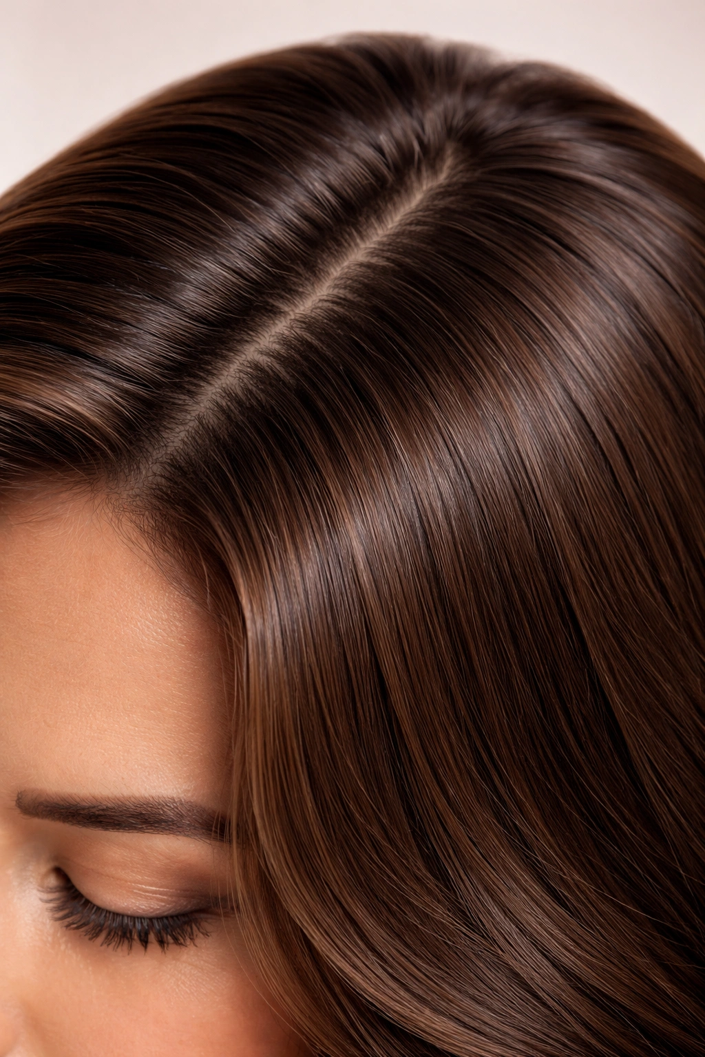 Close-up of brunette hair with subtle root color deposit.