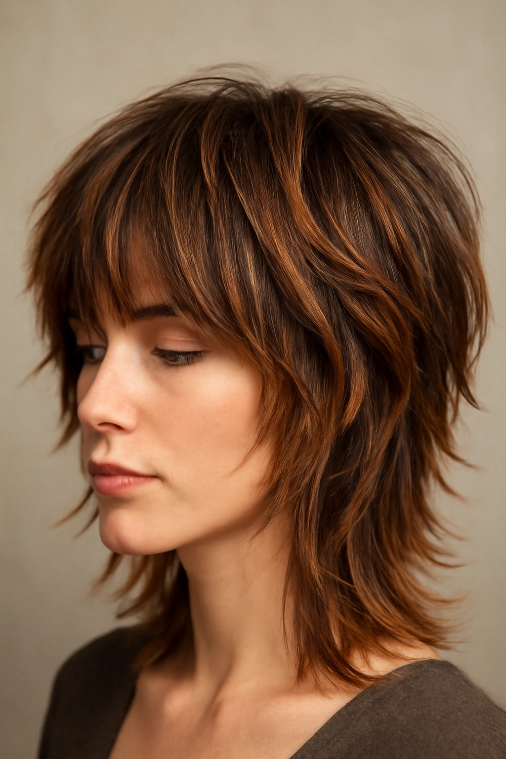 20 Shaggy Styles That Make Your Hair Look Effortlessly Good 20 Close-up of shag haircut with multi-tone color throughout showing depth and texture.