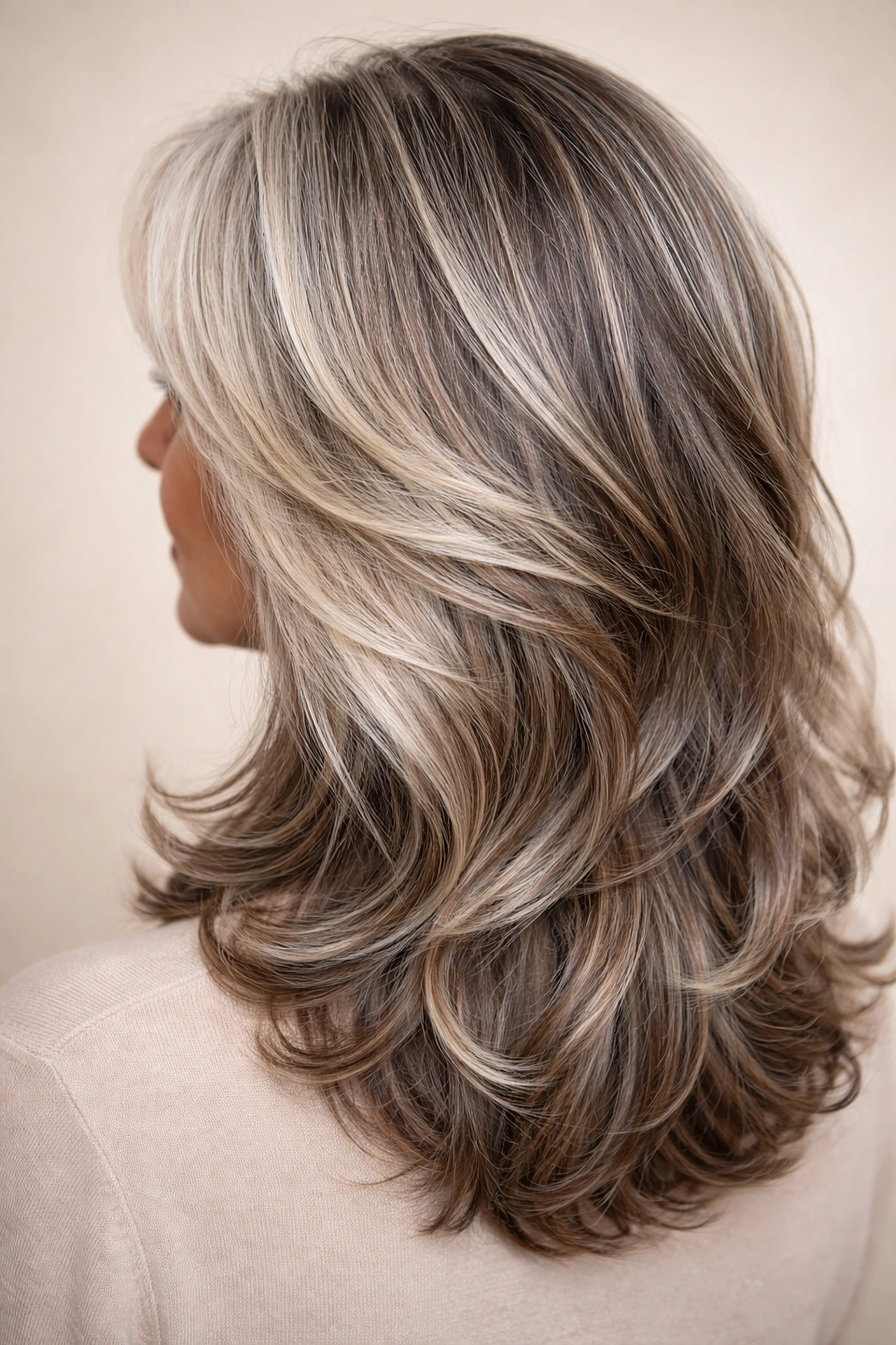 Thick hair with dimensional color and gray blending